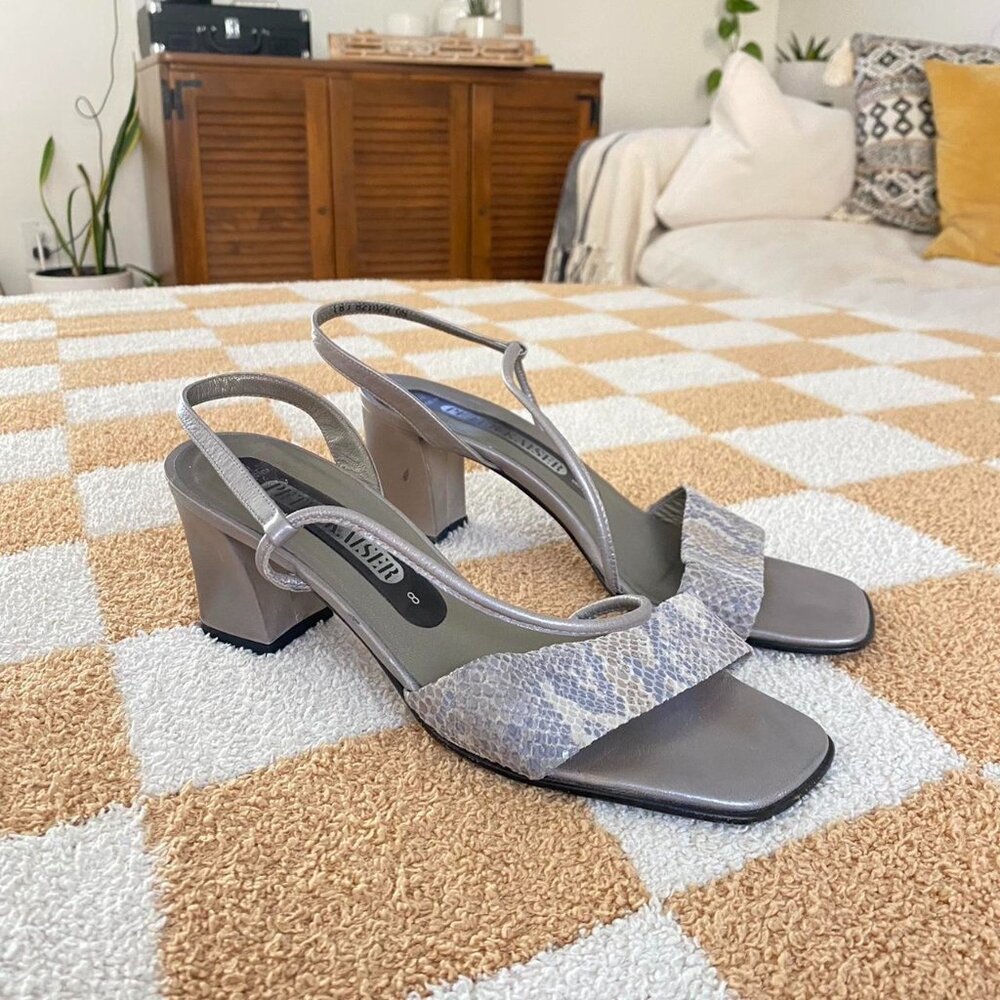 PETER KASIER GREY SNAKESKIN KITTEN HEELED SANDALS SIZE 8